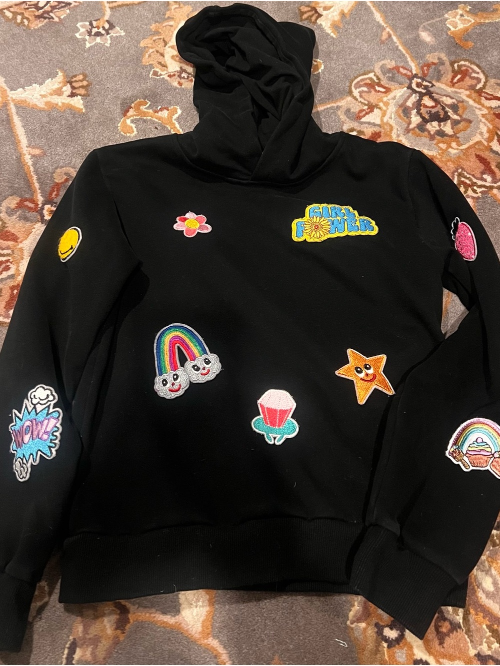 Lola + The Boys Black Hoodie with Colorful Patchwork Patches